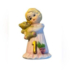 Enesco Porcelain Girl #1 Figurine with Teddy Bear First Birthday Keepsake